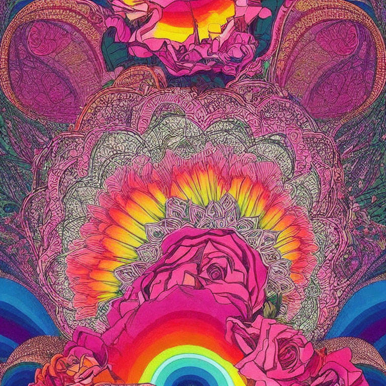 Colorful central rose with rainbow aura surrounded by smaller roses on intricate psychedelic background