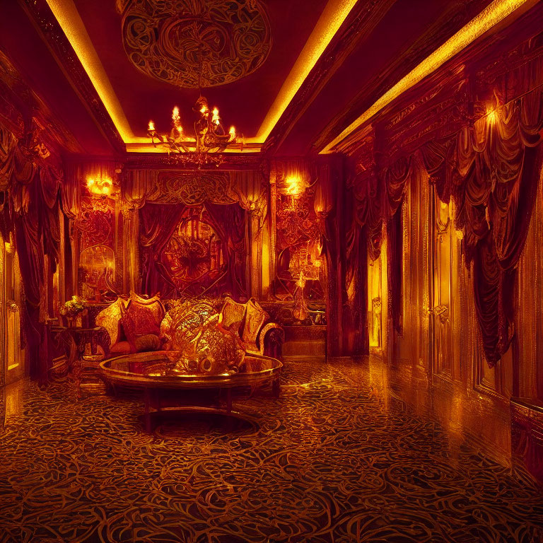 Luxurious Vintage Room with Red Velvet, Ornate Furniture & Golden Lighting
