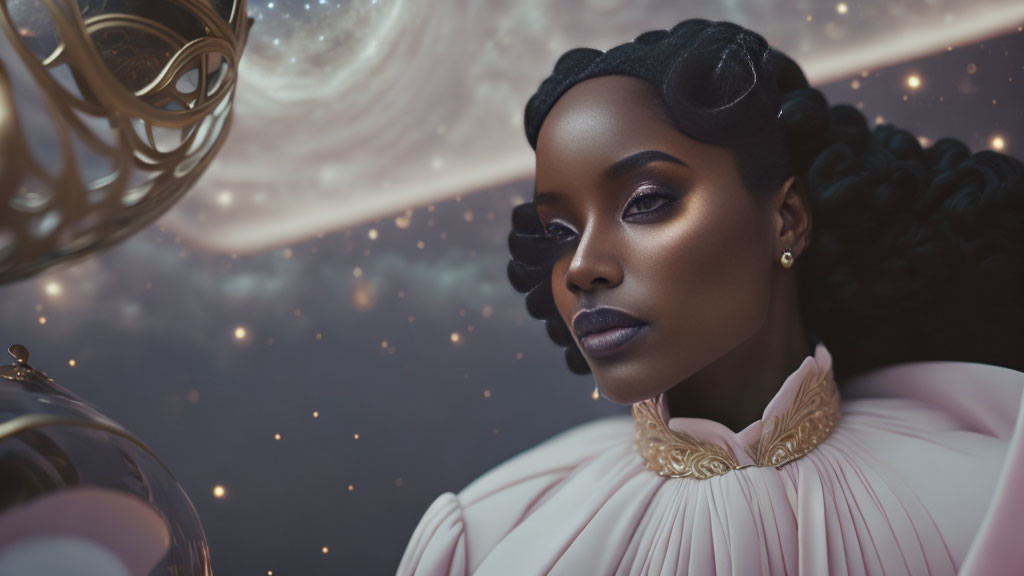 Elaborate braided hair woman with dark makeup against cosmic backdrop