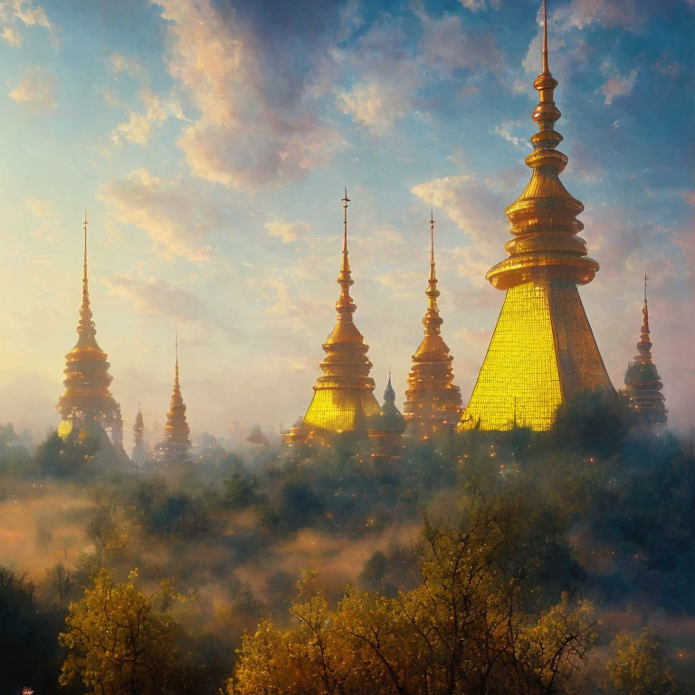 Golden temple spires above misty trees in warm sky at dawn or dusk