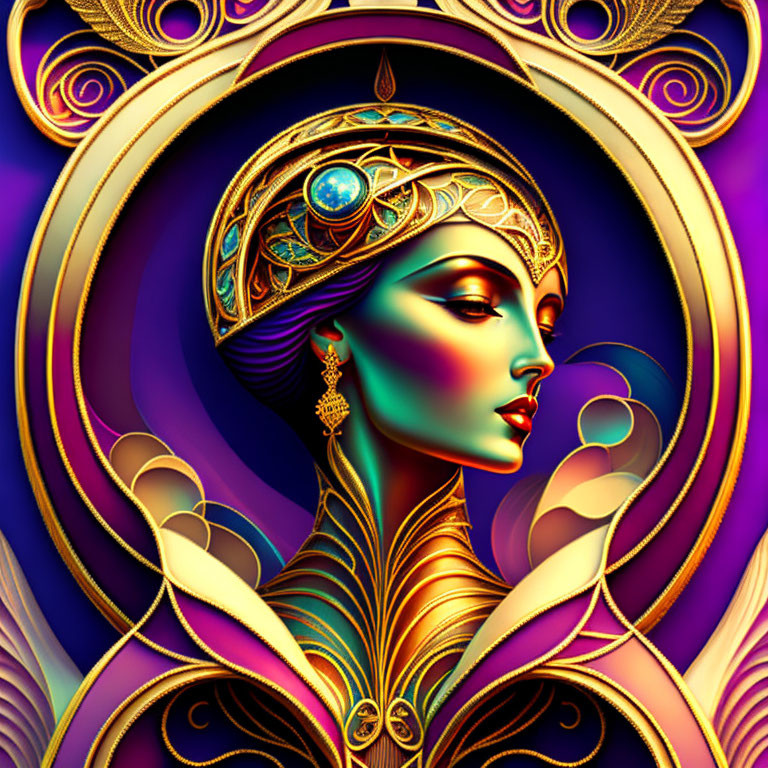 Colorful portrait of woman in ornate headpiece and golden jewelry on purple background