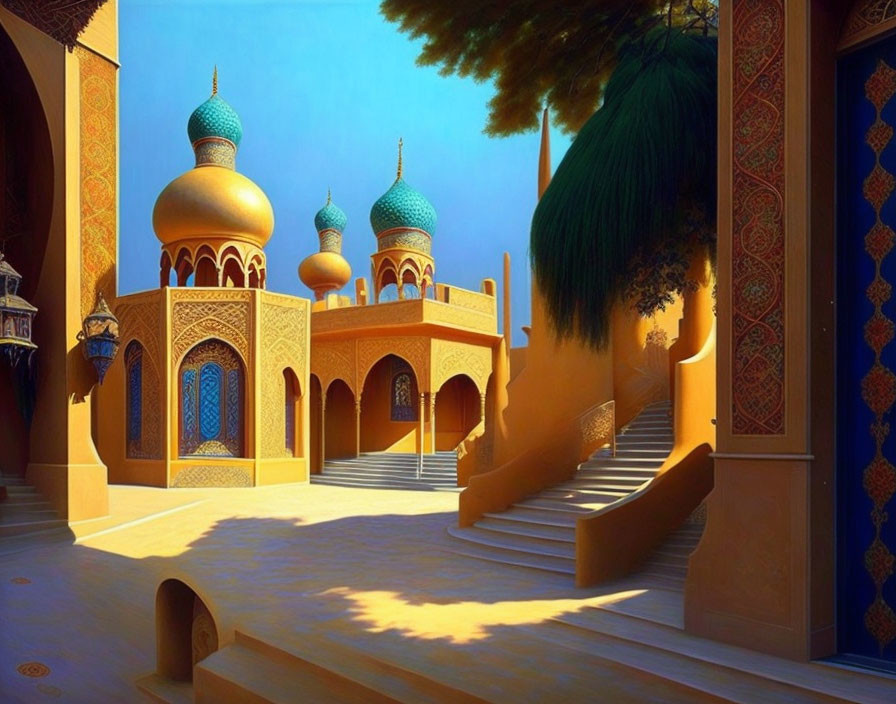 Fantasy palace with gold and blue architecture and arabesque patterns