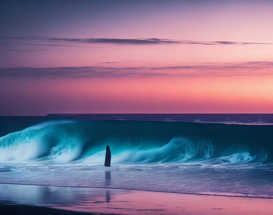 Solitary figure on beach facing large cresting wave at sunset