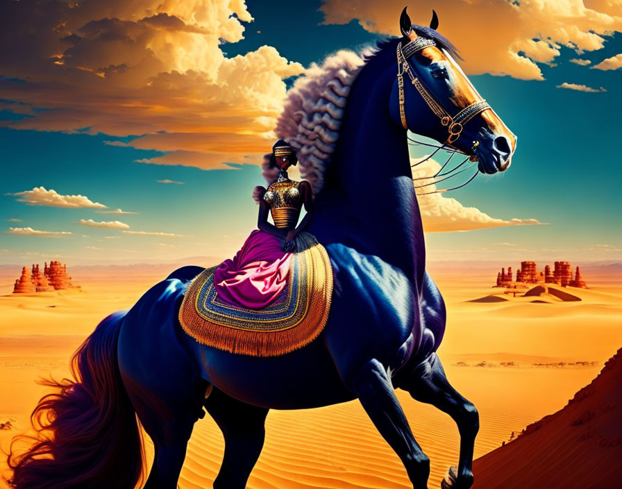 Regal figure on black horse in traditional attire crossing orange desert.