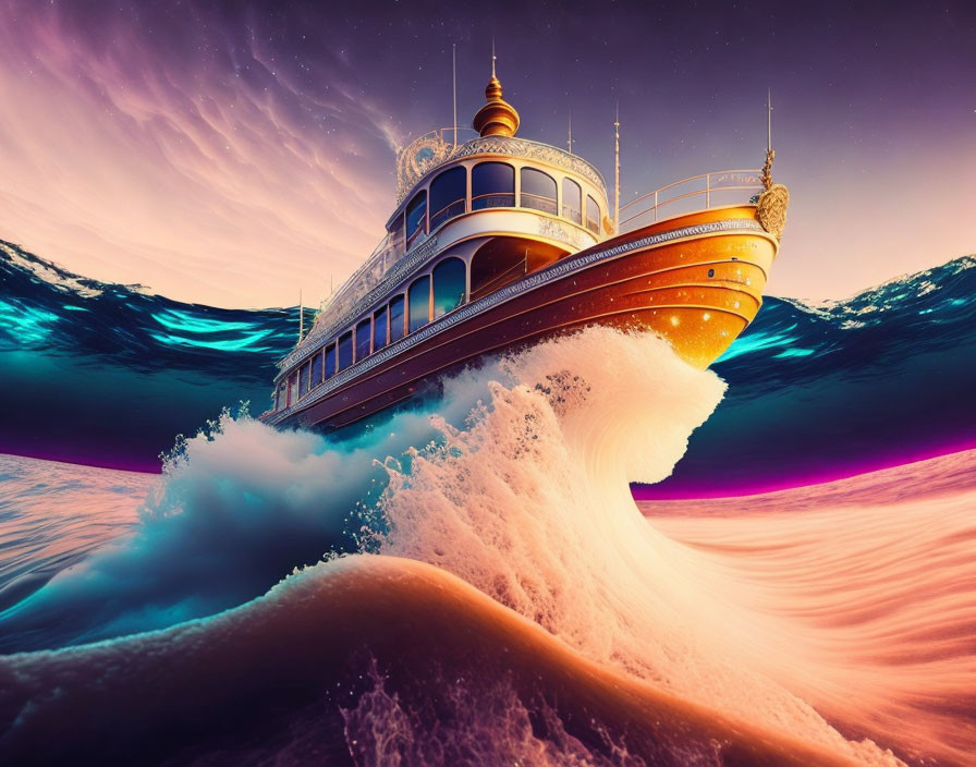 Vintage-style ship cresting surreal wave under purple and pink sky