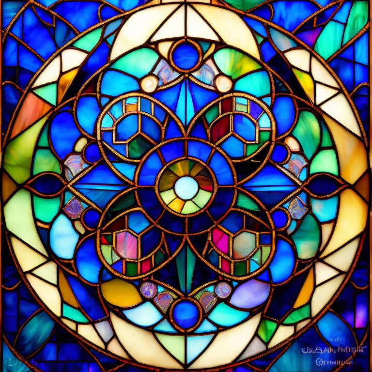 Colorful Geometric Stained Glass Window with Circular Motif