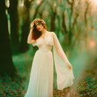 Woman in white dress with floral headpiece in serene forest setting