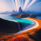 Majestic twilight landscape with turquoise river, hills, and rock formation