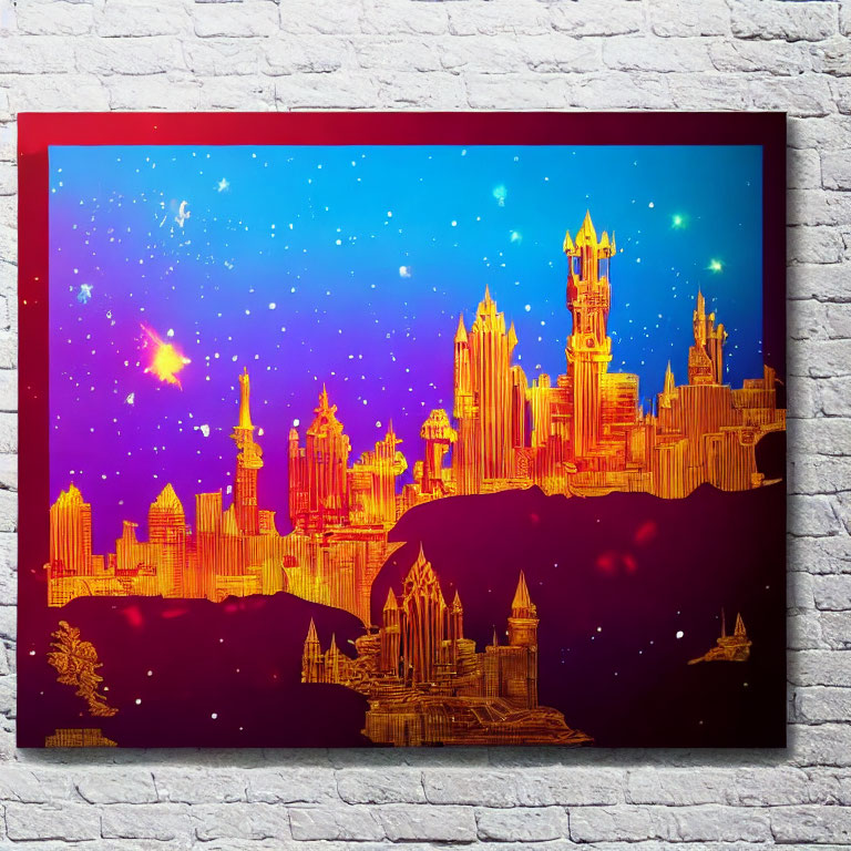 Fantasy cityscape artwork with glowing golden buildings on white brick wall