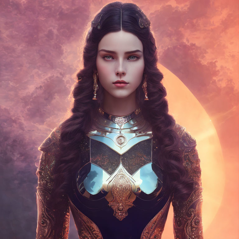 Digital portrait of woman in medieval fantasy armor with dark hair and blue eyes against hazy orange sun