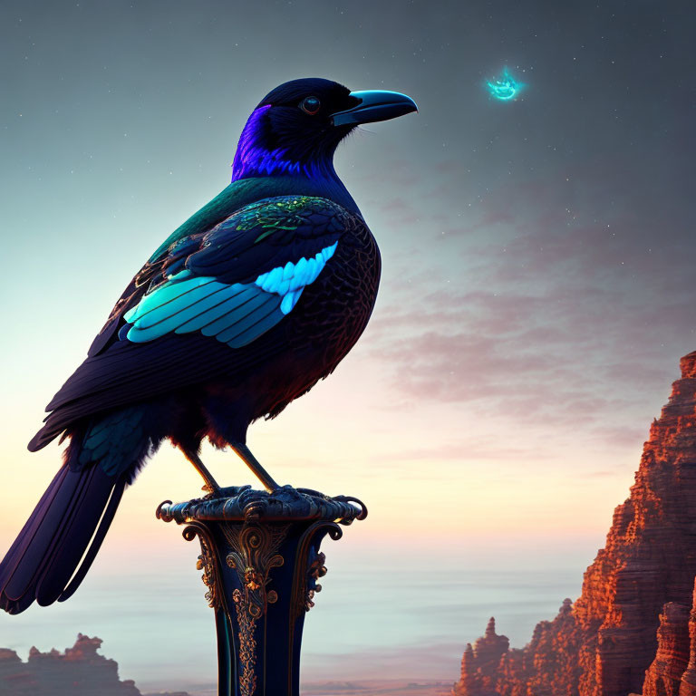 Colorful bird on ornate pole under crescent moon in twilight sky.