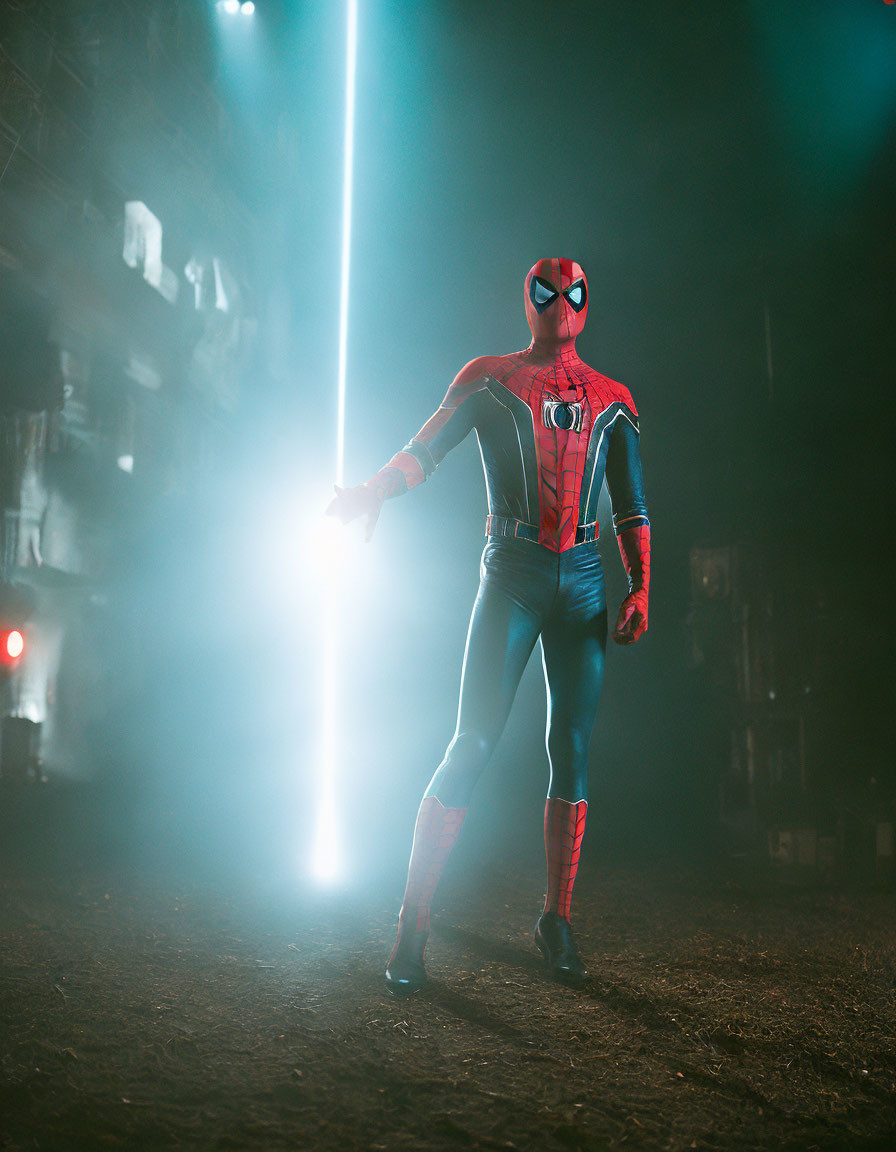 Person in Spider-Man costume in dimly lit area with bright light beam