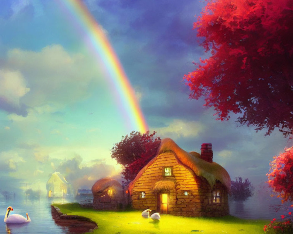 Thatched cottage by a lake with vibrant trees, swans, and rainbow