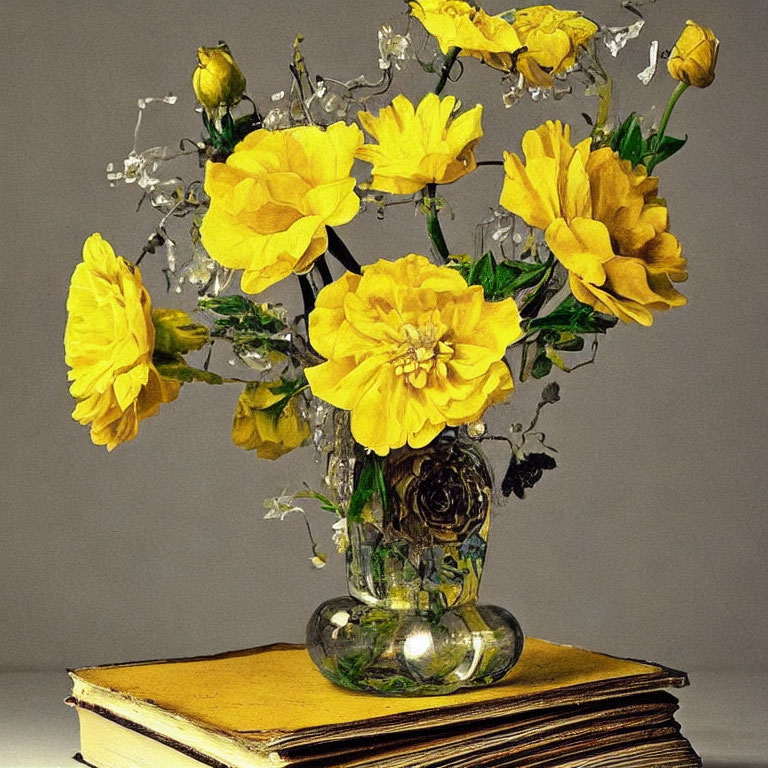 Yellow Roses in Glass Vase on Old Book with Frozen Water Droplets