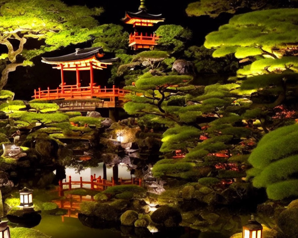 Tranquil Japanese garden at night with red pagoda, lush greenery, pond reflection, and