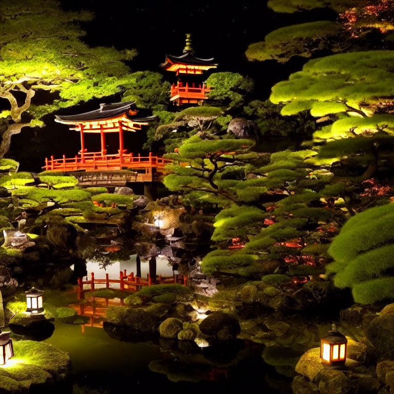 Tranquil Japanese garden at night with red pagoda, lush greenery, pond reflection, and