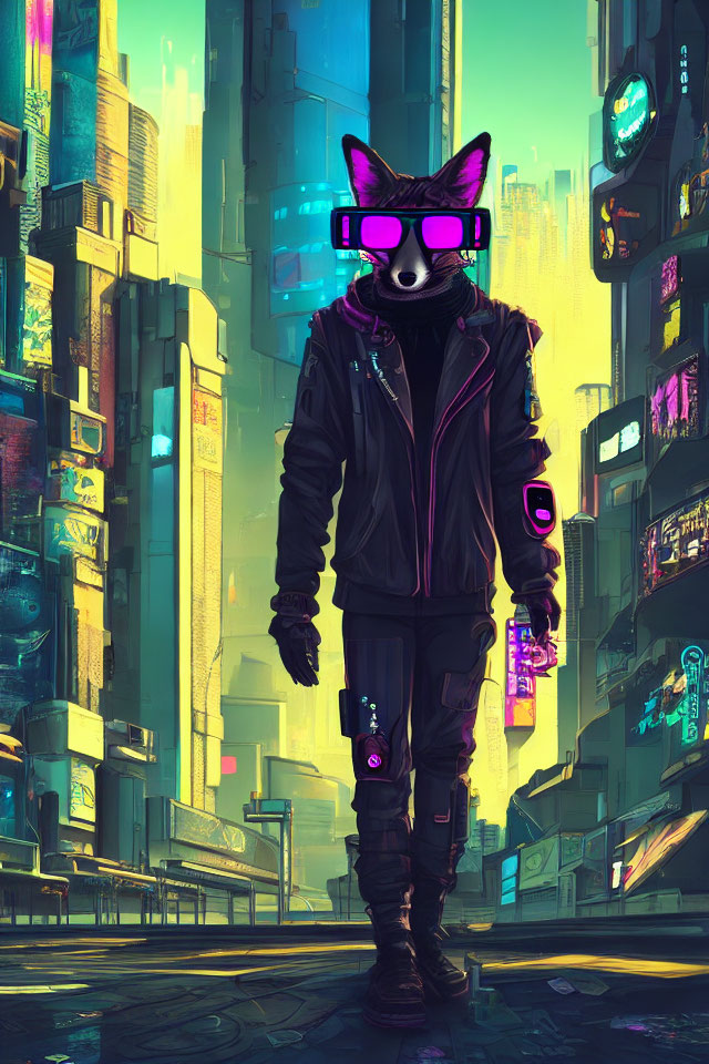 Anthropomorphic Fox Character in Futuristic Cityscape with Neon Pink Glasses