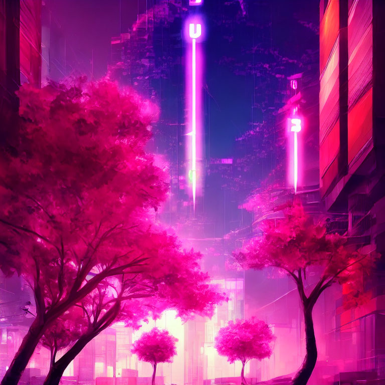 Futuristic cyberpunk cityscape with neon signs and magenta foliage
