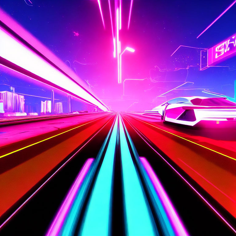 Futuristic cyberpunk cityscape with neon lights and high-speed vehicles