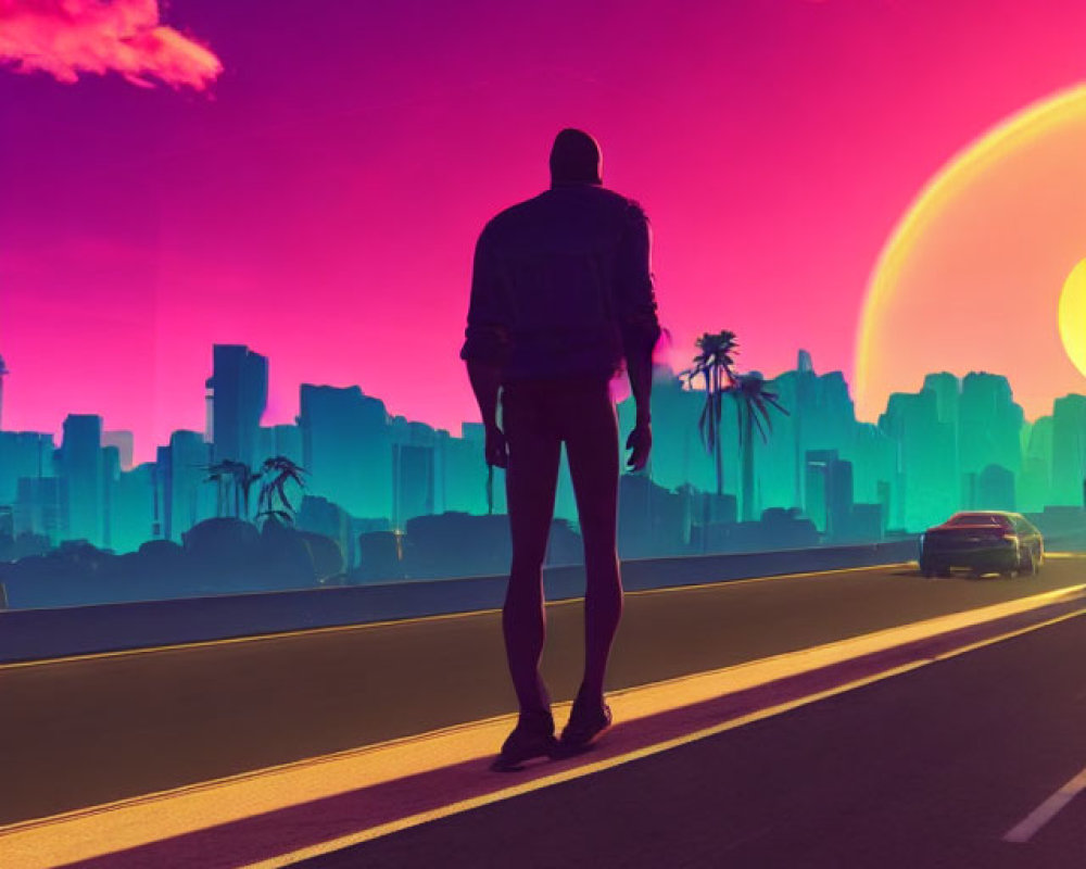 Person silhouette on road at sunset with pink-purple sky and cityscape outline