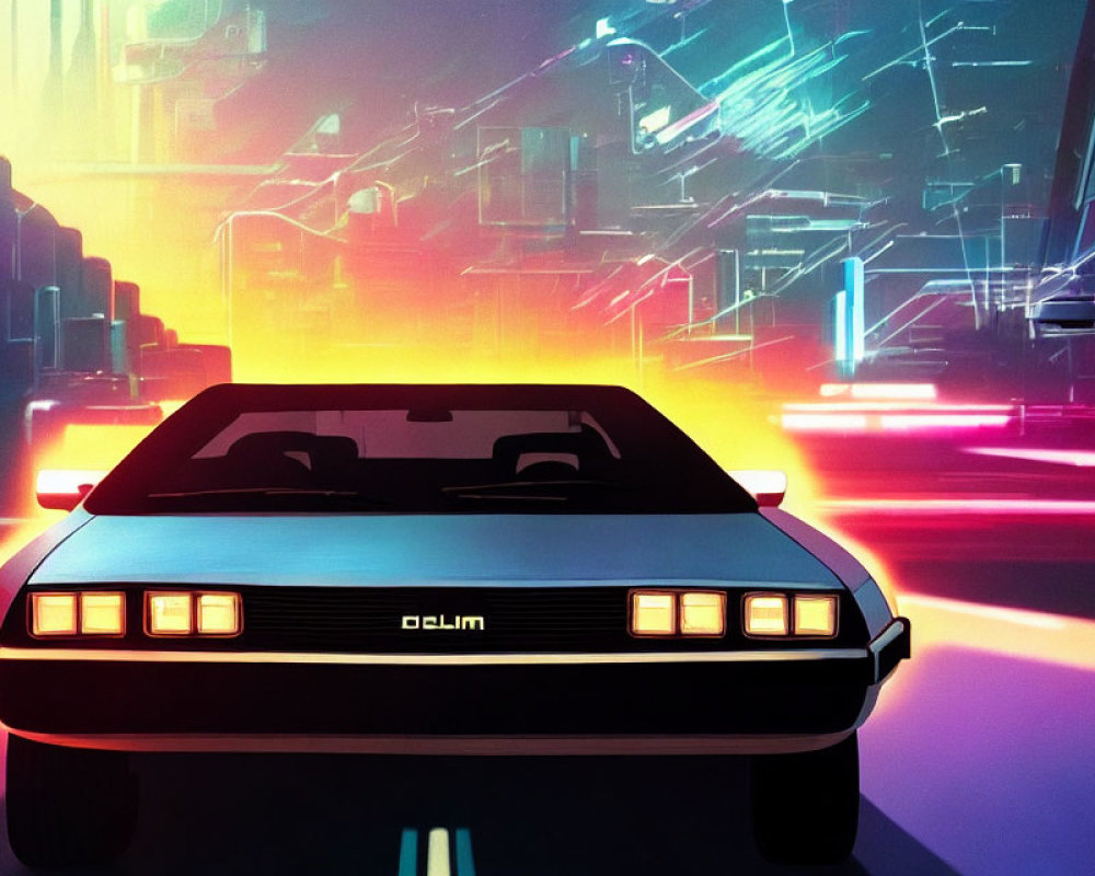 Retro-futuristic car with glowing headlights in neon-lit cyberpunk cityscape