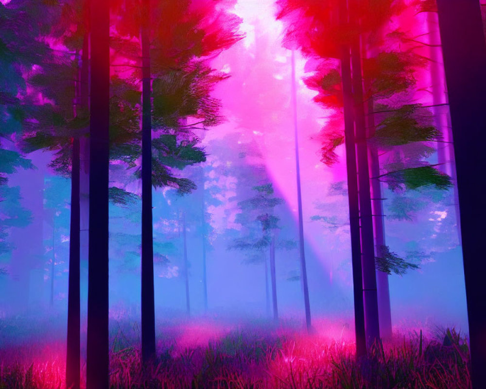 Enchanting forest scene with pink and purple hues and vibrant lighting