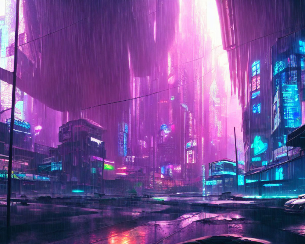 Futuristic night cityscape in heavy rain with neon signs