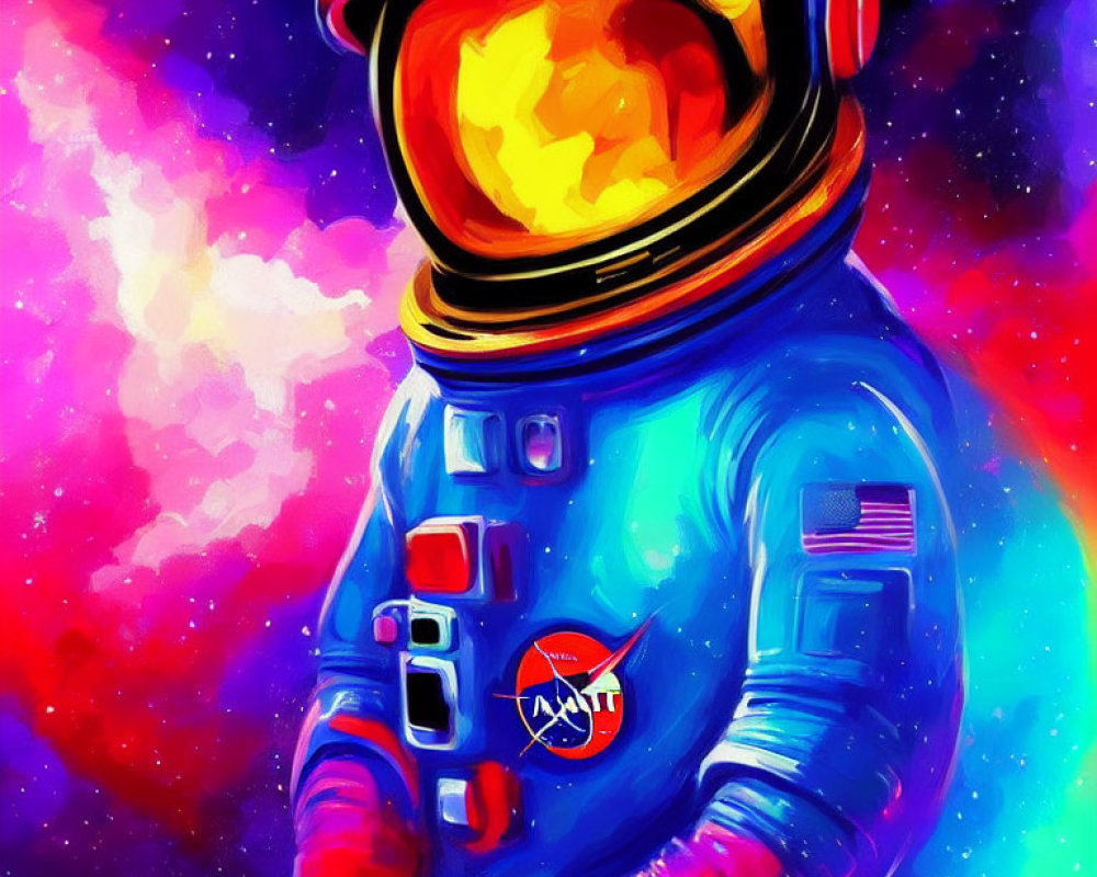 Colorful astronaut artwork with golden visor in cosmic setting