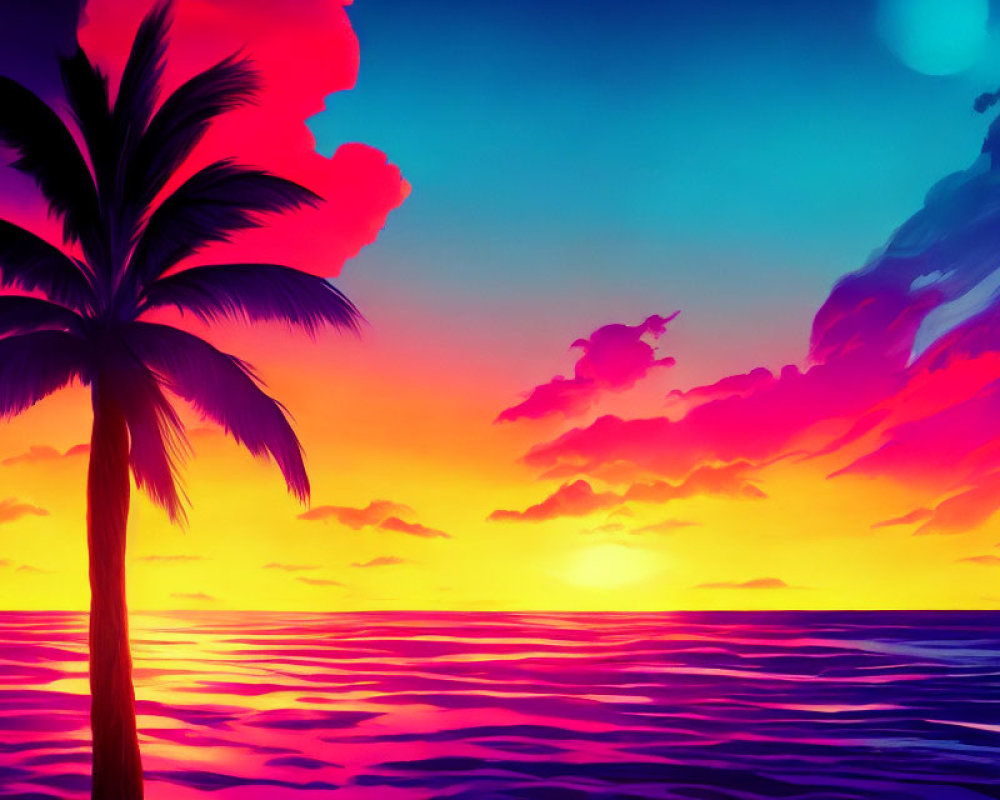 Tropical sunset digital art with palm tree silhouette