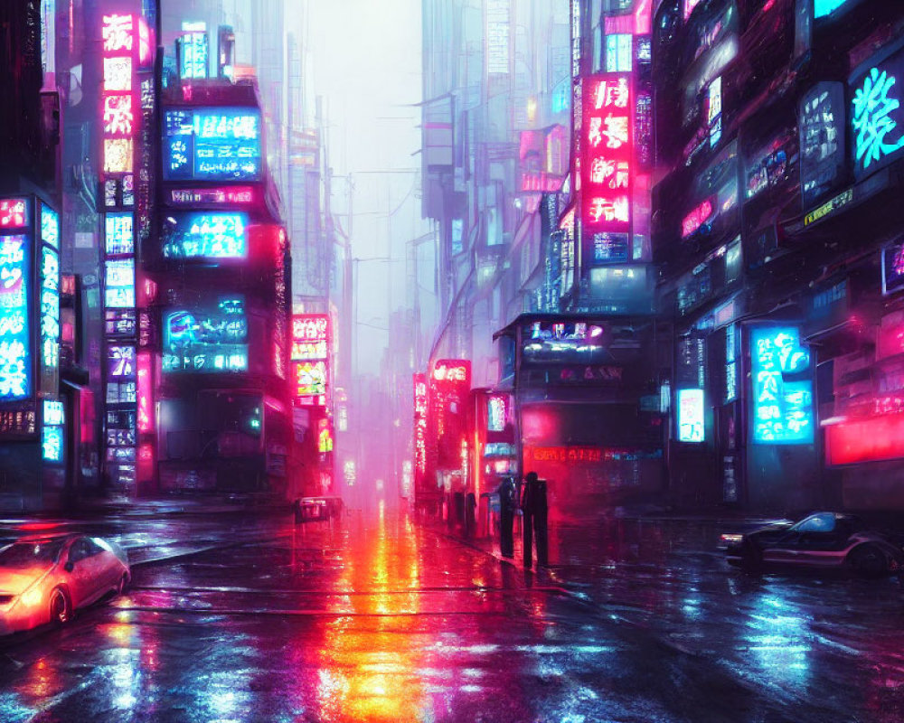 Neon-lit rainy urban street with glowing advertisements