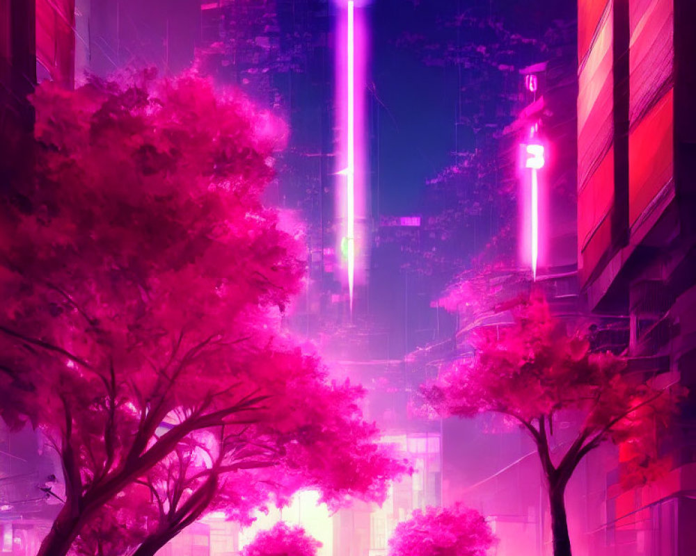Futuristic cyberpunk cityscape with neon signs and magenta foliage