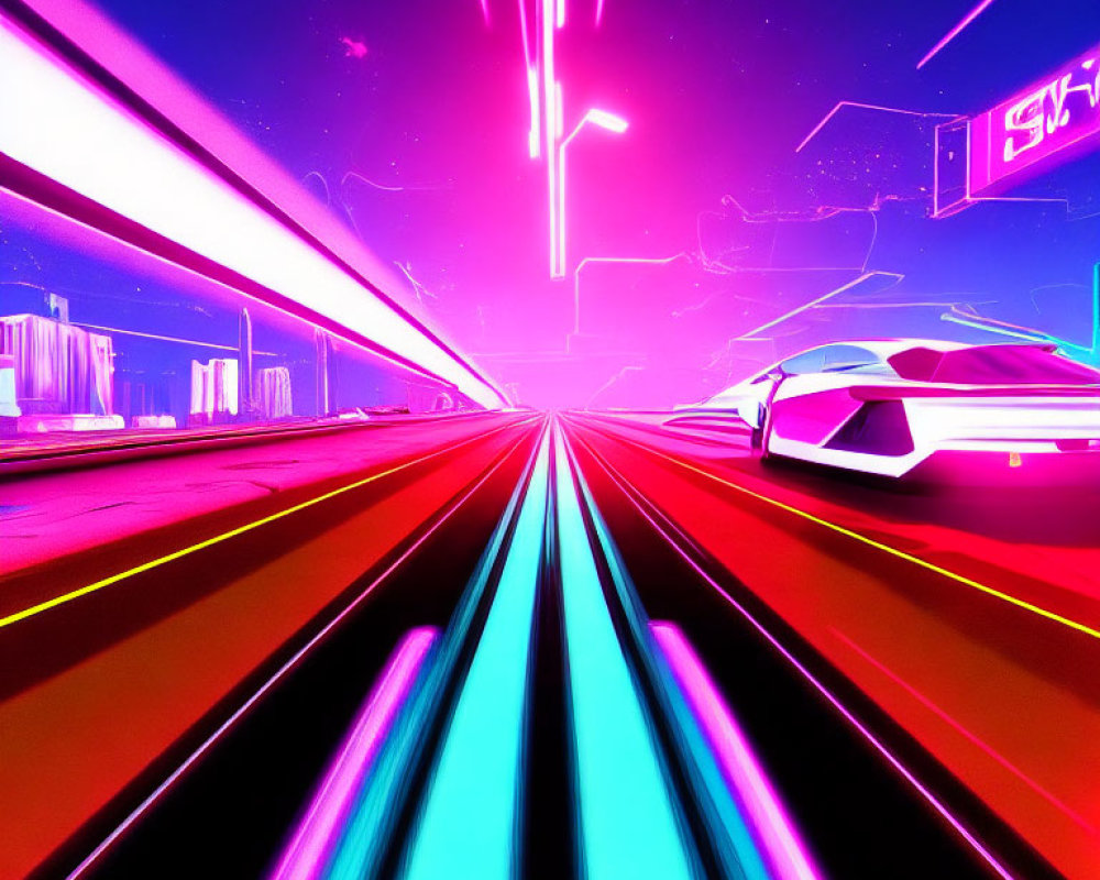 Futuristic cyberpunk cityscape with neon lights and high-speed vehicles