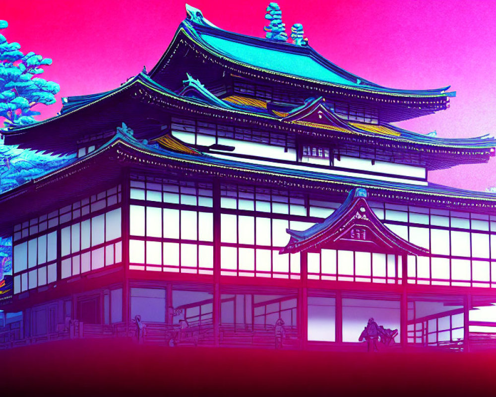 Traditional Japanese Building with Pink Sky and Silhouettes.