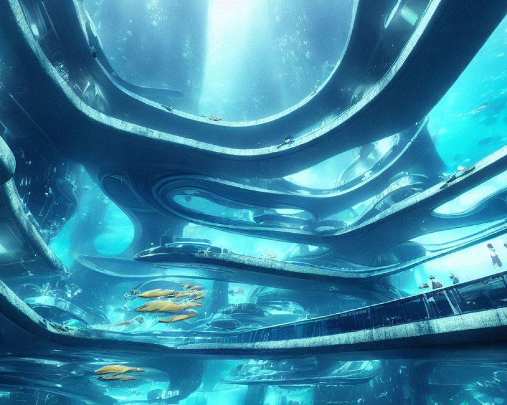 Futuristic underwater structure with dome-like features and marine life