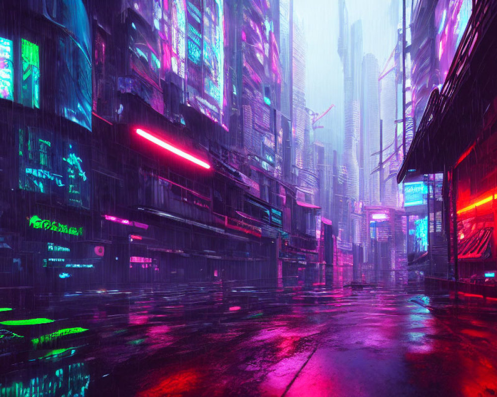 Vibrant neon futuristic cityscape in the rain