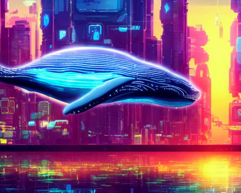 Glowing blue whale in neon-lit futuristic cityscape