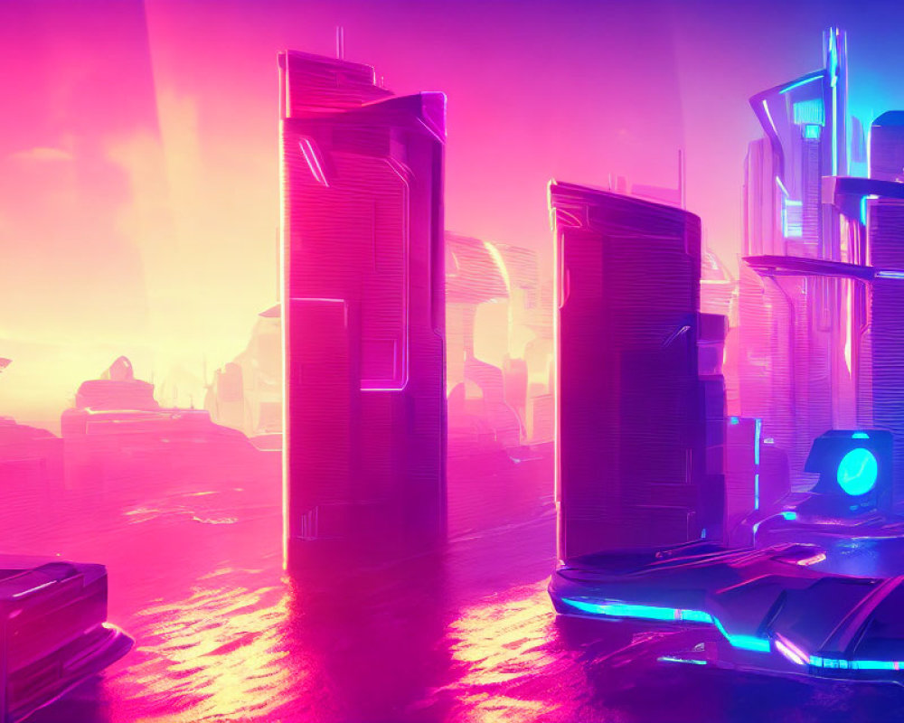 Pink and Purple Neon-Lit Futuristic Cityscape with Hazy Sky