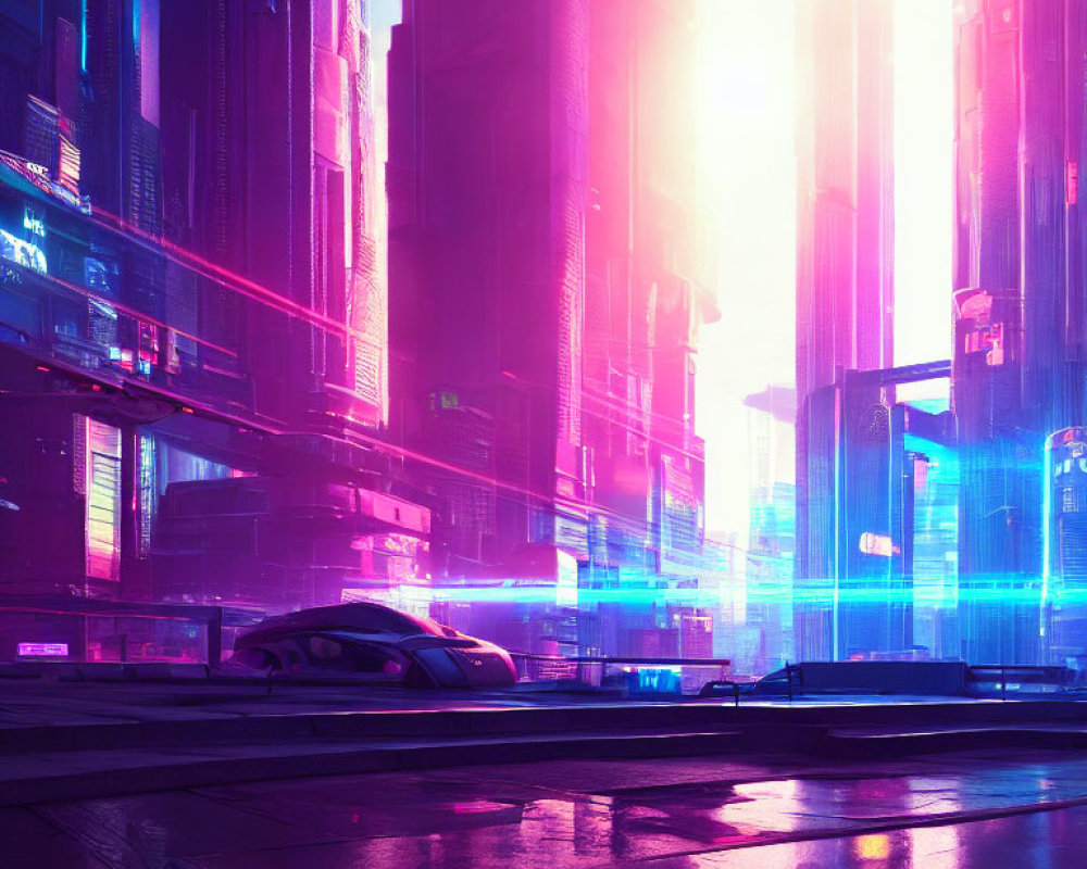 Futuristic cityscape at twilight with neon lights and skyscrapers