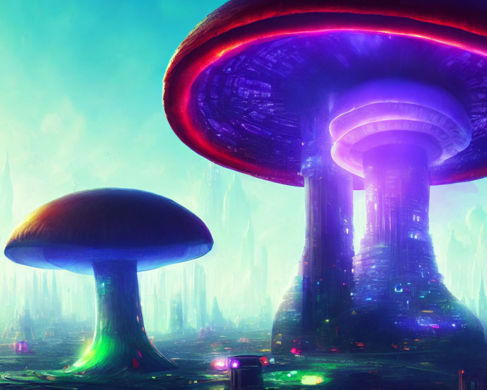 Alien landscape digital artwork with glowing mushroom structures