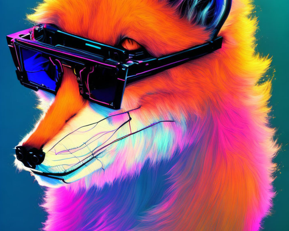 Colorful Fox Portrait with Neon Palette and Black Sunglasses