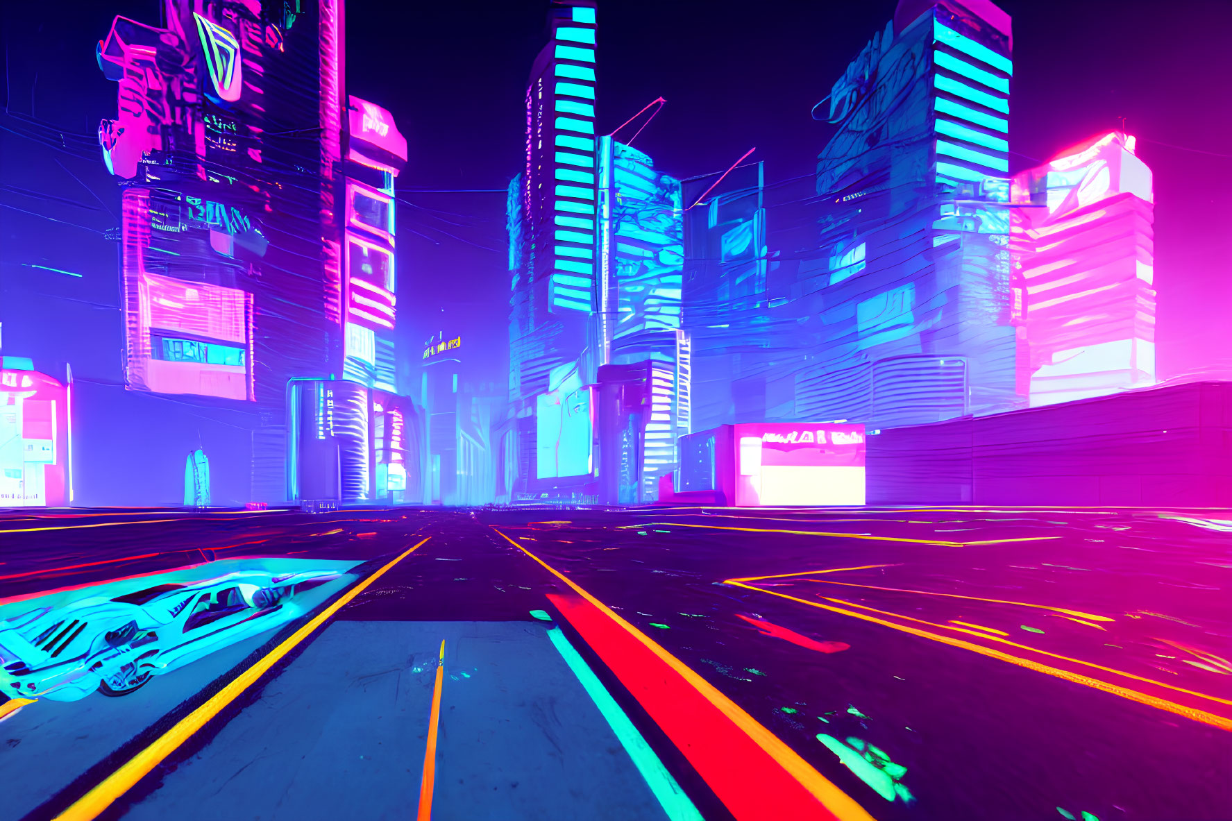 Neon-lit futuristic cityscape with glowing skyscrapers at twilight