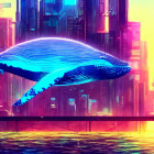 Glowing blue whale in neon-lit futuristic cityscape