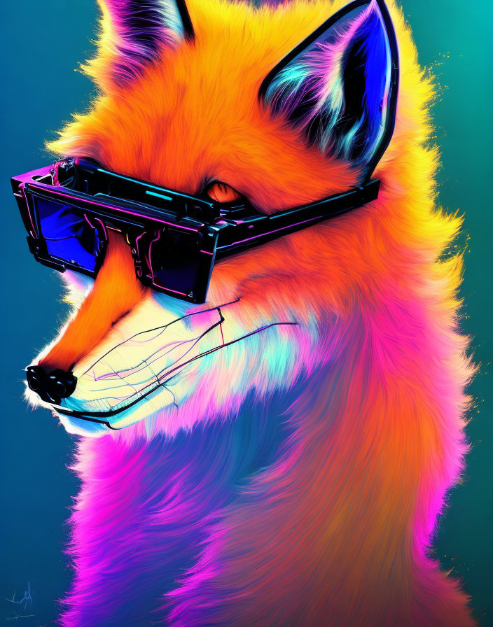 Colorful Fox Portrait with Neon Palette and Black Sunglasses