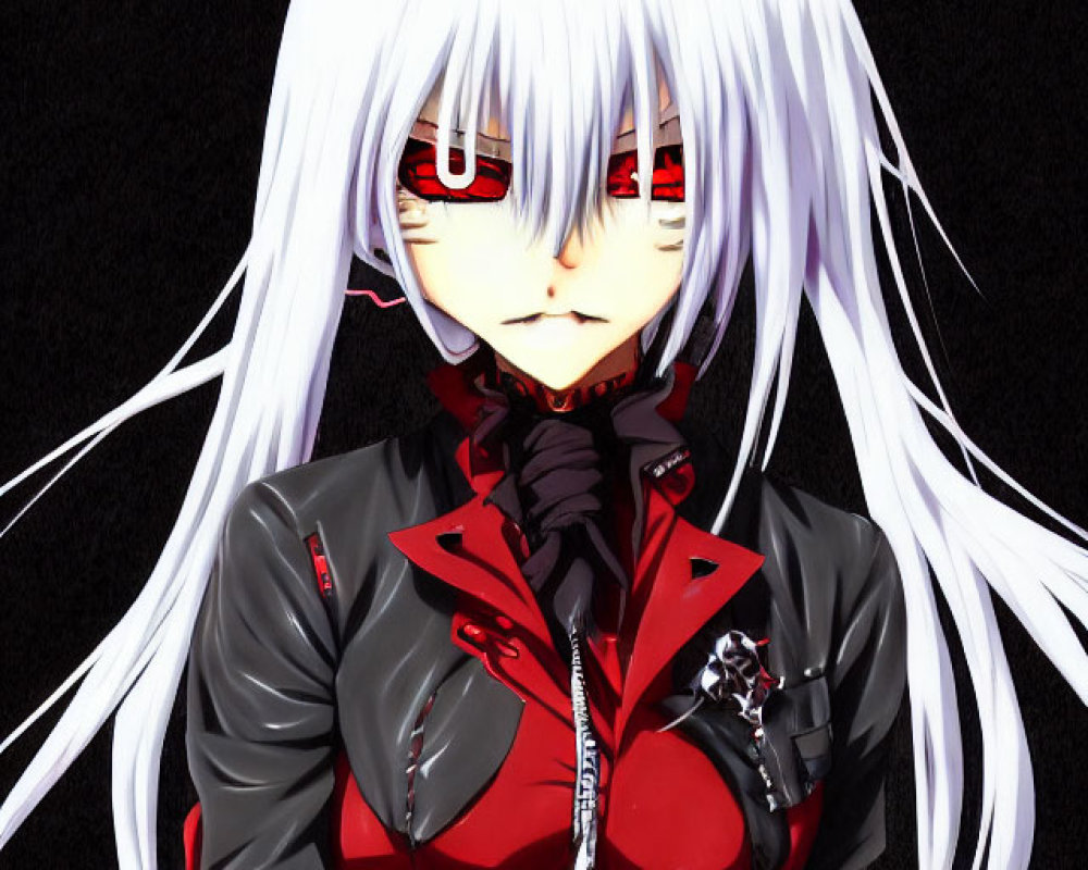 Fictional character with long white hair and red eyes in red and black outfit