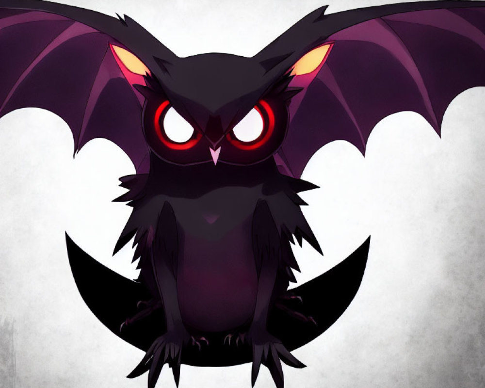 Dark Bat-Like Creature with Red Eyes and Purple Wings on Grey Background