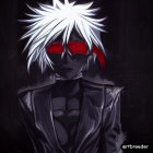 Spiky White Hair Anime Character with Red Goggles and Dark Jacket