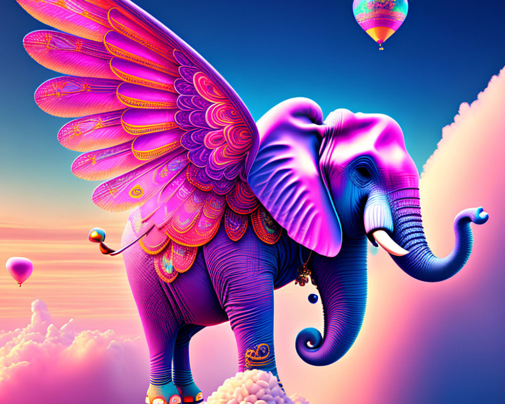 Colorful Digital Artwork: Winged Elephant on Cloud with Hot Air Balloons