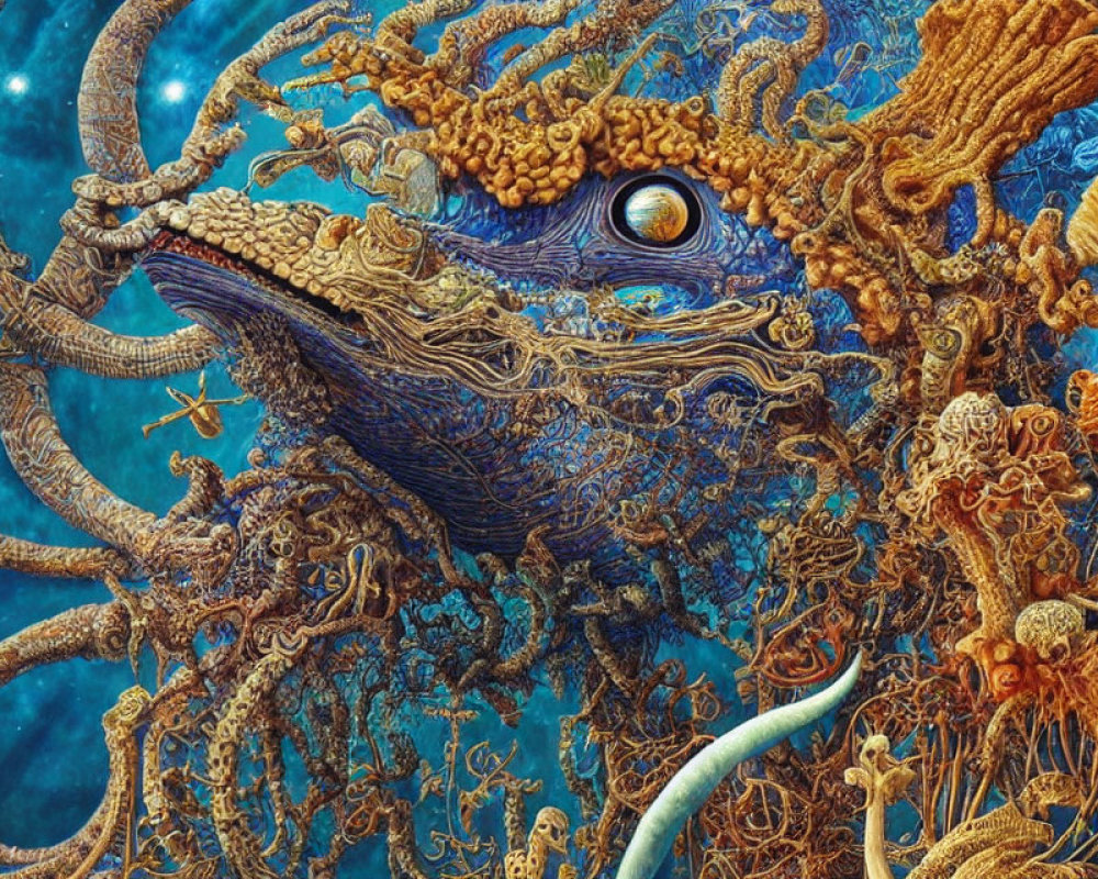 Detailed Fantasy Octopus Artwork with Marine Life in Deep Blue Ocean