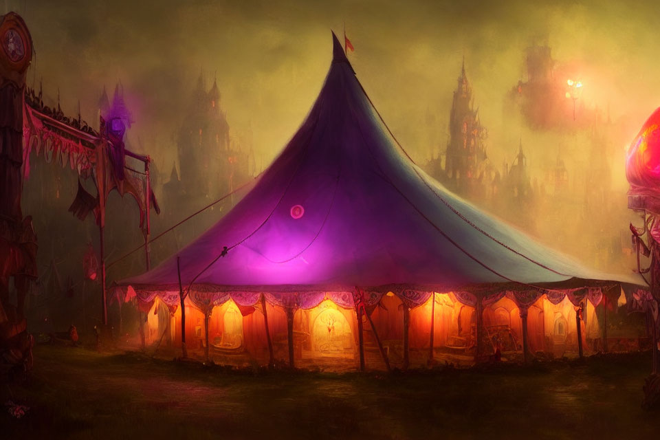 Fantasy illustration of ornate circus tent in dark landscape