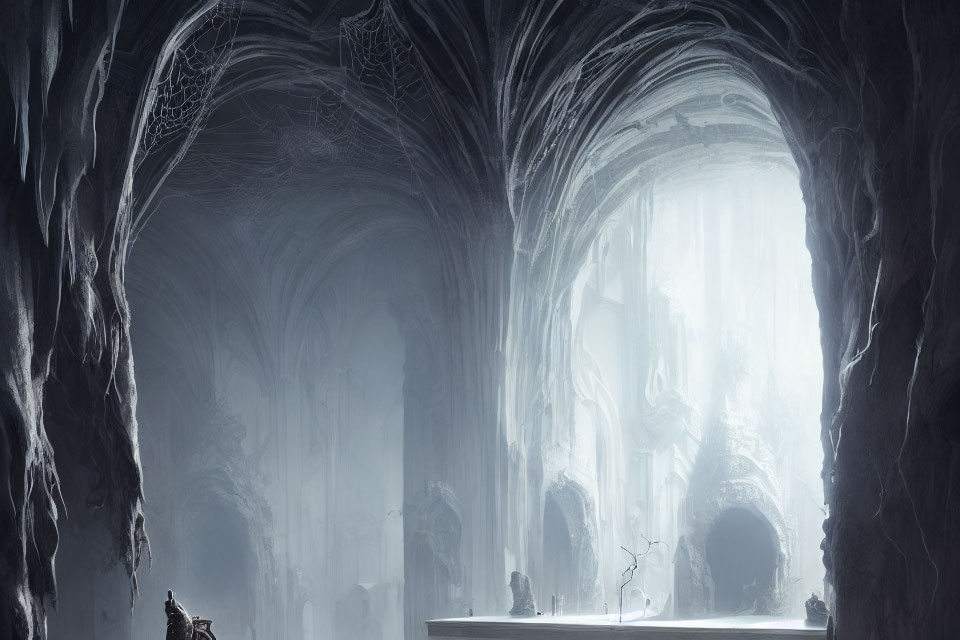 Majestic cavern with columns, arches, and solitary figure under ethereal light